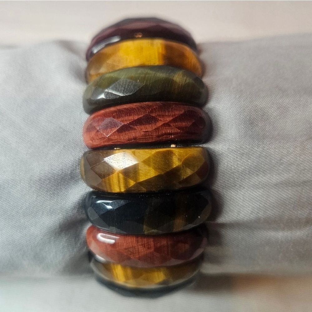 Chunky Multi Color Tiger's Eye Faceted Stretch Bangle Cuff Bracelet Boho 1"